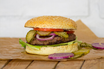 hamburger on a wooden table