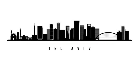 Tel Aviv skyline horizontal banner. Black and white silhouette of Tel Aviv City, Israel. Vector template for your design.