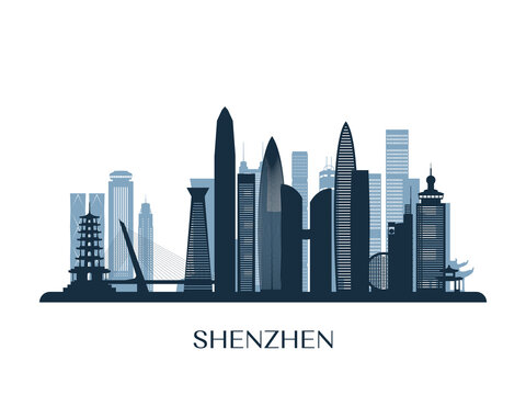 Shenzhen skyline, monochrome silhouette. Vector illustration.