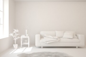 White minimalist living room with sofa. Scandinavian interior design. 3D illustration