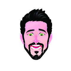 The emotion of a young man. Vector. Cartoon scared bearded man. Illustration of a head for advertising and chat. Surprised male avatar. The image is isolated on a white background.