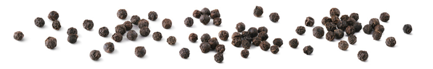 Black pepper grains set isolated on white background