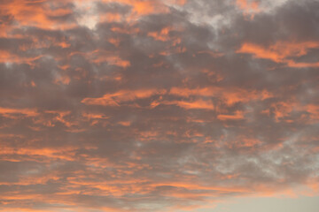 Red cloudy evening sky, red and grey clouds with abstract structure and blue sky