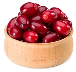 dogwood berries in wooden bowl isolated on white background