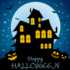 Big house and moon landscape. Black house and big moon. Bats, stars, jack-o-lanterns. Vector Halloween illustration.