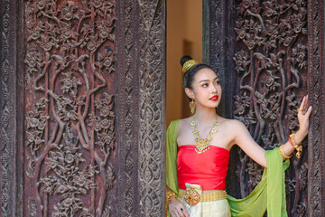 Luxury portrait of a beautiful Thai girl in traditional thai red costume, identity culture of Thailand, identity culture of Asia