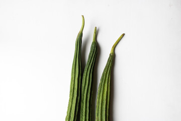A fresh bunch of. Ridged gourd/ Turai/Tori vegetable, isolated, closeup view, white background.