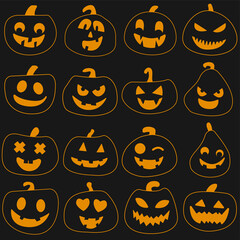 Pumpkins orange set. Big pumpkins set. Haloween lanterns set. Icons jack-o-lantern set.