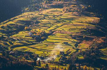 Fototapeta premium landscape photography, autumn forest and mountains, sunny day