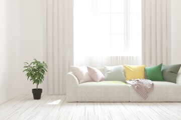 Fototapeta premium White living room with sofa. Scandinavian interior design. 3D illustration