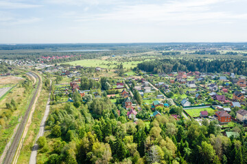 Aerial view of countryside and railway track