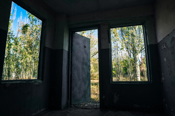 Fototapeta na wymiar view of the forest from a room with windows and a door of an old abandoned house in Ukraine