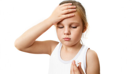 Fototapeta premium Little girl have a cold and high fever, baby touches his forehead and checking body temperature by using thermometer.