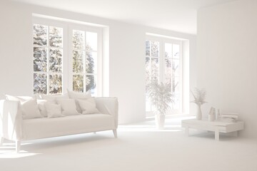 White minimalist living room with sofa. Scandinavian interior design. 3D illustration