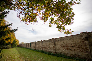 alte hohe Backstein Schloss Mauer mit Bäumen