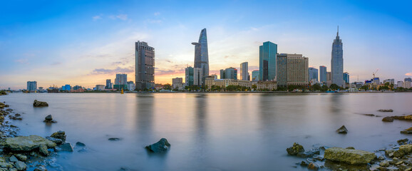 Fototapeta na wymiar Panoramic view of Hochiminh city from the banks of the Saigon River. Ho Chi Minh City, Vietnam.