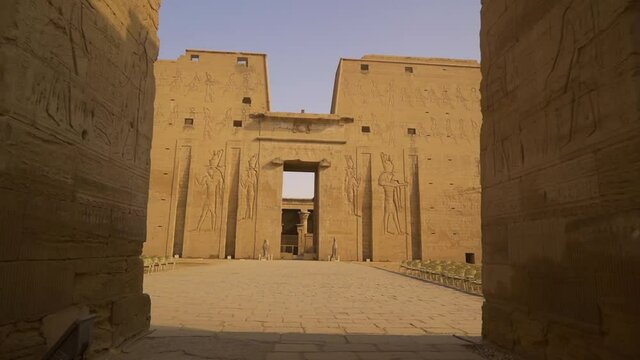 Arriving at the entrance of the Edfu Temple. Egypt. River Nile in the city of Edfu near Aswan, Greco-Roman construction, dedicated to Horus