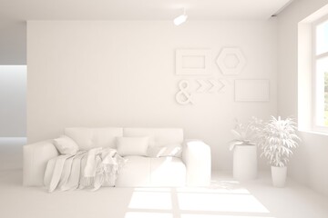 White minimalist living room with sofa. Scandinavian interior design. 3D illustration