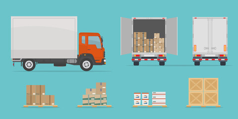 Delivery truck side and back view, and different boxes. Isolated on blue background. Warehouse Equipment, cargo delivery, storage service concept. Flat style, vector illustration. - obrazy, fototapety, plakaty