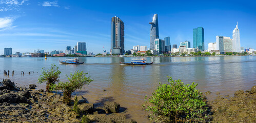 Panoramic view of Hochiminh city from the banks of the Saigon River. Ho Chi Minh City, Vietnam.