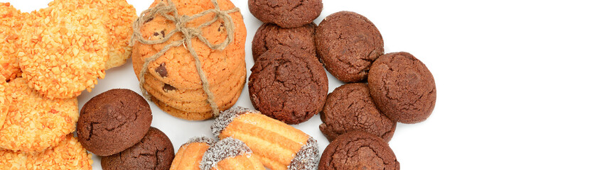 Biscuits isolated on white backgroundю. Wide photo. Free space for text.