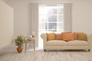 Fototapeta premium White living room with sofa. Scandinavian interior design. 3D illustration
