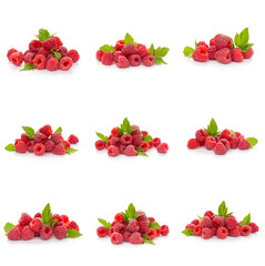 Raspberries collection with leaf isolated on white background