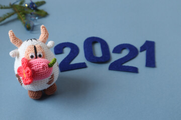 The symbol of the new year 2021 - a bull tied from yarn, against the background of numbers and a green spruce branch, a place for text - the concept of the arrival of new year holidays