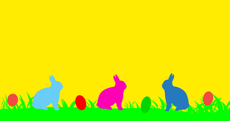 Abstract Easter holiday greeting card. Rabbits and easter eggs on green grass and yellow background. Space for text