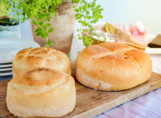 Three fresh italians breads on the wood with a plant pot as background