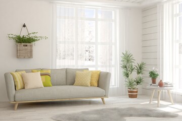 White living room with sofa. Scandinavian interior design. 3D illustration