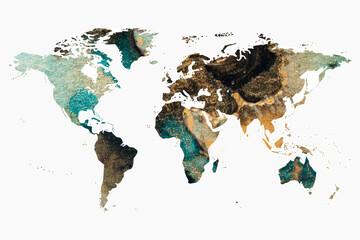abstract colorful texture with gold. world map, silhouette of continents planet earth