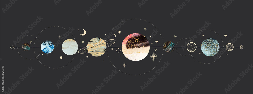 Wall mural vector illustration set of moon phases. different stages of moonlight activity in vintage engraving 
