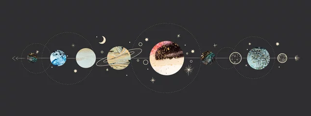Fototapeten Vektor-Illustration-Set von Mondphasen. Verschiedene Stadien der Mondlichtaktivität im Vintage-Gravurstil. Sternzeichen © chikovnaya