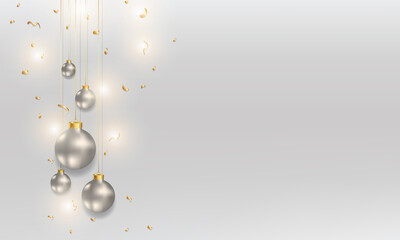 SIlver Christmas and New Year Background with Xmas balls and Holidays Lights