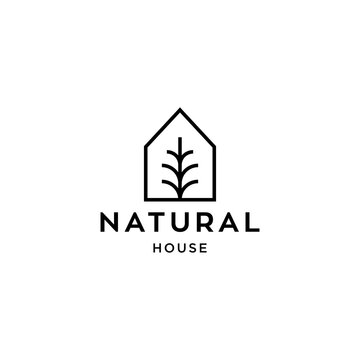 Minimal And Simple House Icon Vector Logo With Beautiful Plant Tree Flower, Organic House, Cottage Forrest Design Illustration 