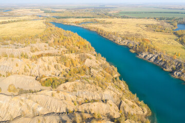 Fototapeta na wymiar Aerial view of the natural territory of Romantsevskie mountains, Russia, Tula region