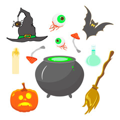Witch accessories-magic cauldron, pumpkin, Fly-agarics, Torn eyeball, burning candle ,broom, chemical flasks,  Black bat, witch hat with spider. Halloween decoration elements. Set of Halloween objects