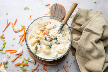 Chicken and gnocchi soup, chicken and spinach cream soup , Italian traditional