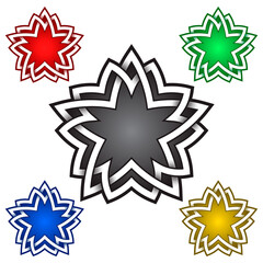 Pentagonal star logo symbol in Celtic style. Tribal tattoo symbol. Silver stamp for jewelry design and samples of red, green, blue and golden colors.