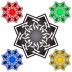 Octagonal mandala logo symbol in Celtic style. Tribal tattoo symbol. Silver stamp for jewelry design and samples of red, green, blue and golden colors.