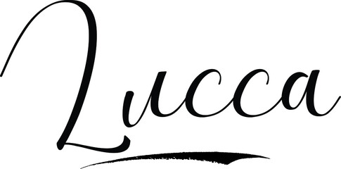 Lucca -Male Name Cursive Calligraphy on White Background - obrazy, fototapety, plakaty