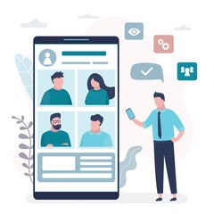 Online video conference. Businessman use smartphone. Big mobile phone with video chat application on screen.