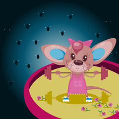 Mouse with barbell in a cartoon style. Cute animal. Mouse in the circus. Vector illustration.
