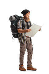 Full length shot of a bearded hiker with a backpack looking at a map
