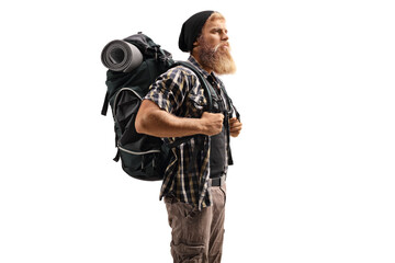 Bearded man hiker with a backpack
