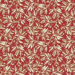 Floral seamless pattern with leaves and berries in wine red, green and cream colors, hand-drawn and digitized. Design for wallpaper, textile, fabric, wrapping, background.