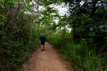 Man exercising doing mountain trekking on one of the paths of Sabas Nieves, a place well known by visitors to the Avila mountain or Waraira Repano.