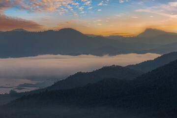 Sunrise aerial view foggy landscape from drone fly. This is landmark tourism of Chiang Khan Loei province Thailand.