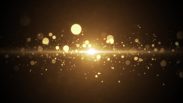 4K Abstract Golden lights with Glitter Sparkling Magic light. Shining Dust particles coming from center black Loop background. Birthday, Anniversary, new year, event, Christmas, Festival, Diwali.